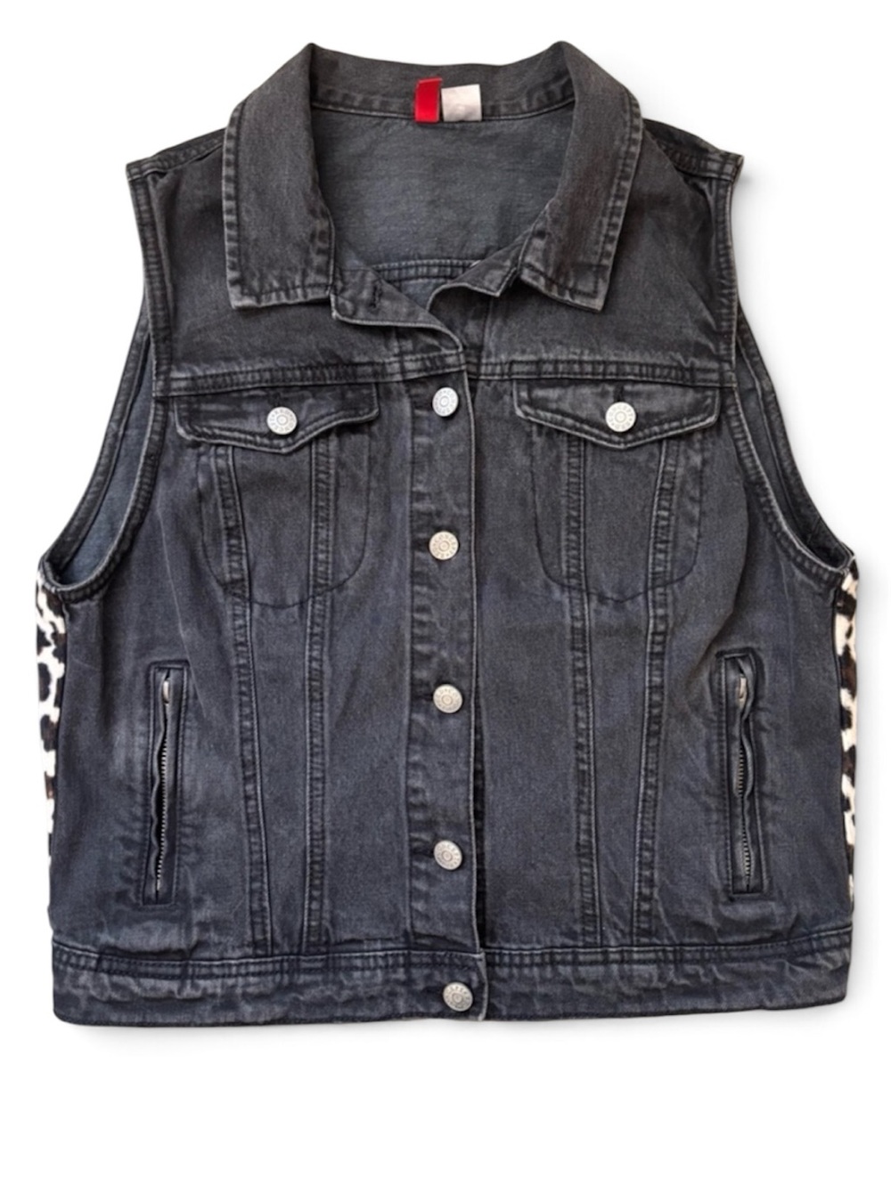 H&M Charcoal Black Denim Vest w/ Faux Fur Cheetah Print Back Panels | Size 14